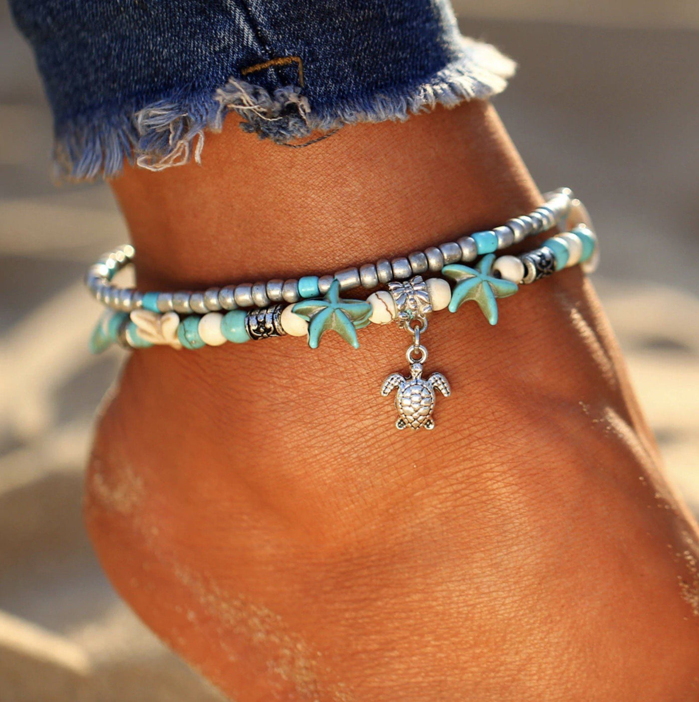 Ocean Anklet with Starfish and Turtle