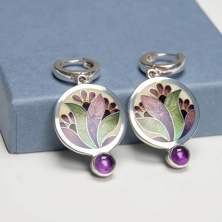 Boho Silver Earrings with Purple Crystals
