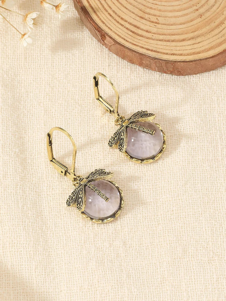 Antique Silver Spherical Dragonfly Earrings