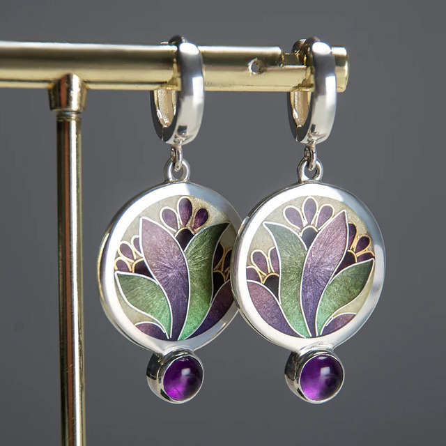 Boho Silver Earrings with Purple Crystals
