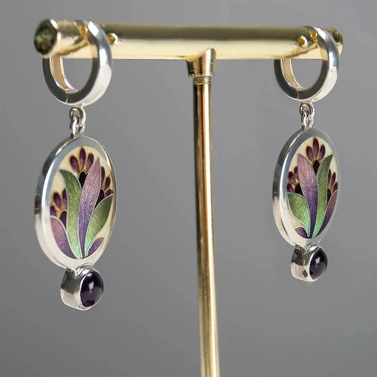 Boho Silver Earrings with Purple Crystals