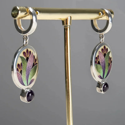 Boho Silver Earrings with Purple Crystals