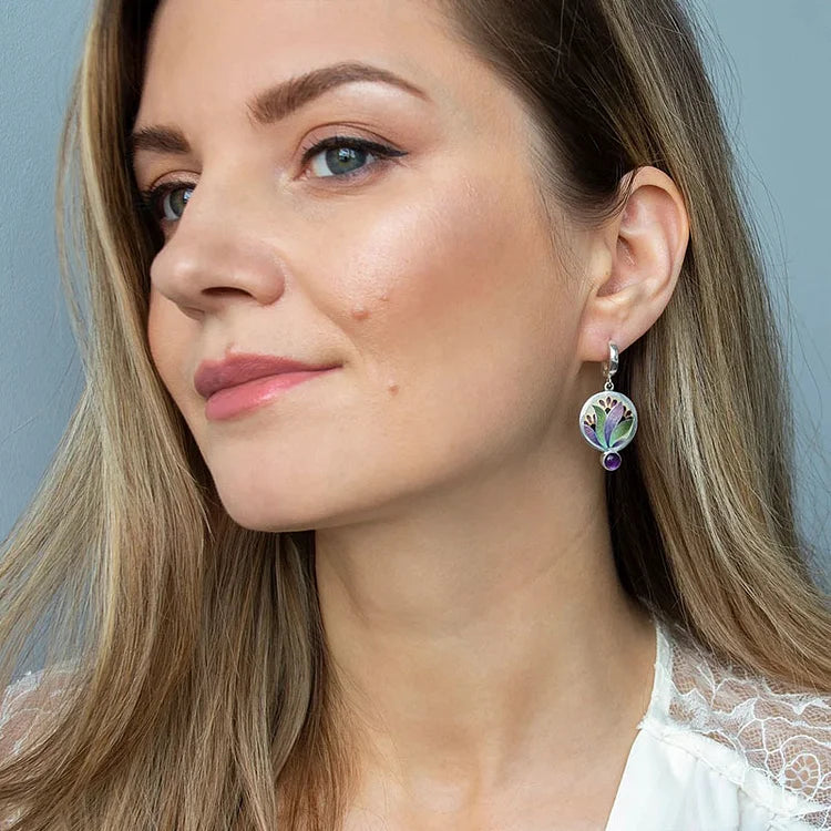 Boho Silver Earrings with Purple Crystals