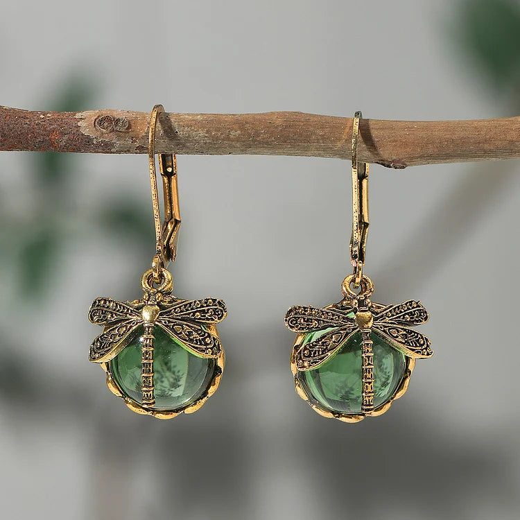 Antique Silver Spherical Dragonfly Earrings