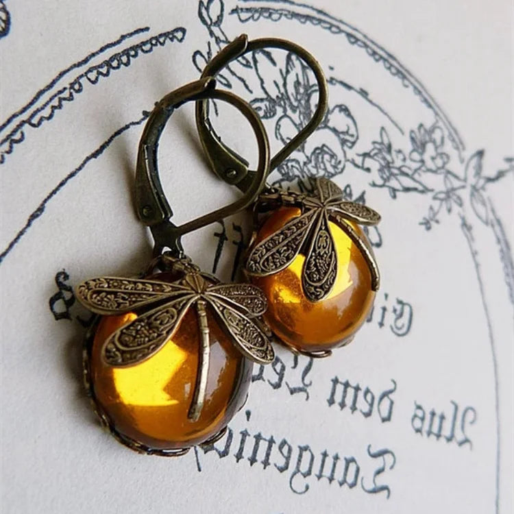 Antique Gold Spherical Dragonfly Earrings
