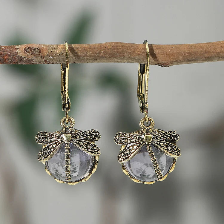 Antique Silver Spherical Dragonfly Earrings